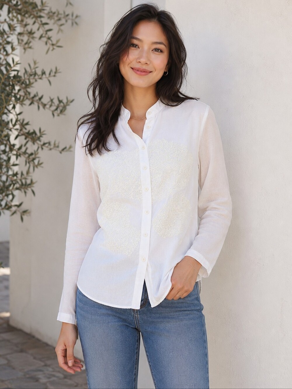❤️ YITAI LINEN COTTON EMBROIDERED SEMI-FITTED BUTTON DOWN SHIRT/ TOP, MEDIUM